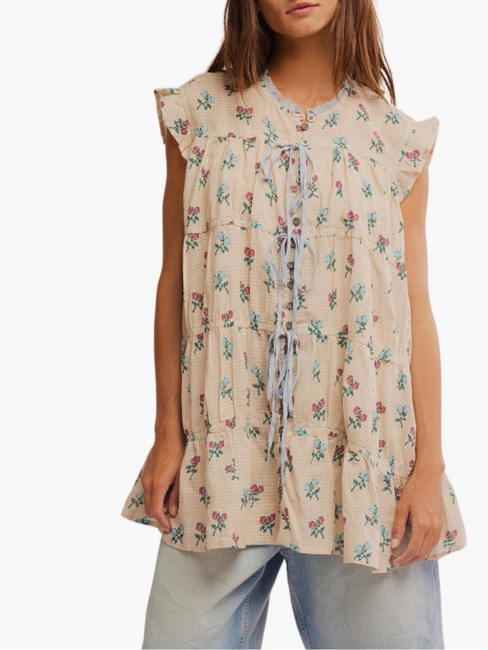 Free People Sundown Print Tunic Dress Size S NWT Ivory Floral Boho Babydoll Mini